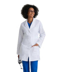 Lily White Lab Coat For Women With Natural Stretch 34 Inch 4 Pocket Scrub Coat Soil Release Fabric Finish Soft Touch Back Vent Feminine Fit
