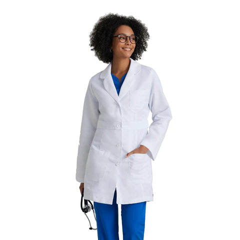 Lily White Lab Coat For Women With Natural Stretch 34 Inch 4 Pocket Scrub Coat Soil Release Fabric Finish Soft Touch Back Vent Feminine Fit