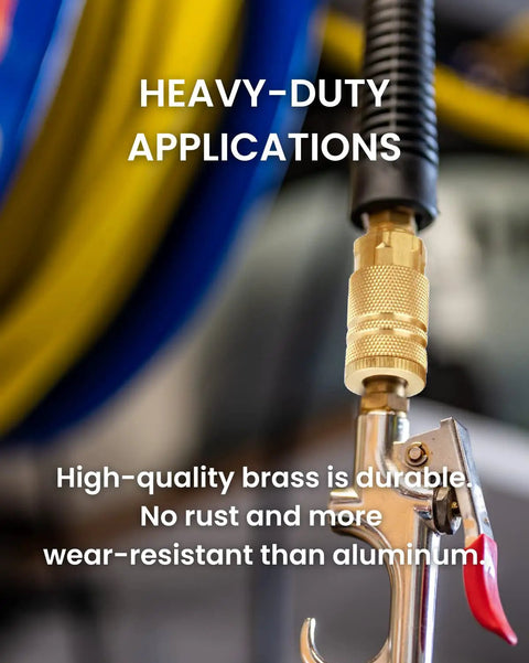 Heavy-duty air tool with Brass Quarter Inch Female Industrial Air Coupler Set 10 Pack Quick Connector Fittings attached.
