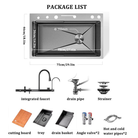 Package list for Multifunctional Black Stainless Steel Kitchen Faucet 26.8/29.5/31.5/33.5/90cm Integrated Sink Accessories.