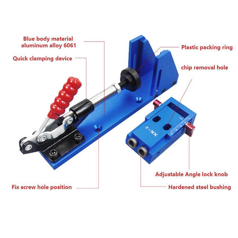 Pocket Hole Jig Wood Joinery Guide With Toggle Clamp And Step Drill Bit for easy DIY woodworking, detailed view.