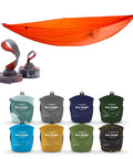 Lightweight Solo Camping Hammock With Tree Friendly Python Straps Ten Foot Long For Quick Setup No Fuss Packability 100 Percent Recycled Nylon Portable Outdoor Relaxation For Hiking Travel And Backyard Use. "Roo Single" packs in assorted colors.