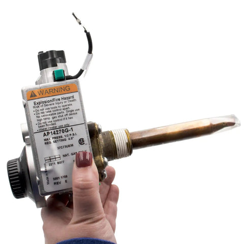 Hand holding SP14270G Water Heater Thermostat Replacement NG Natural Gas Exact Fit Model Specific Control