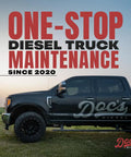 Black pickup truck parked on grass with 'One-Stop Diesel Truck Maintenance Since 2020' text overlay, emphasizing transmission filter kit.