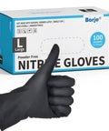 Solid Black Nitrile Gloves Large 100 Pack Heavy Duty Disposable Latex Free Powder Free Medical Exam And Food Safe Gear with box and hand gesture.