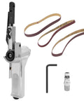 Heavy Duty Pneumatic Belt Sander 10mm Air Grinding Machine with three sanding belts and accessories for precise polishing.