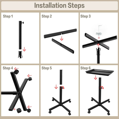 Installation steps for Height Adjustable Rolling Salon Tray on Wheels with Multi Level Height Range from 28 to 44 Inches Black.