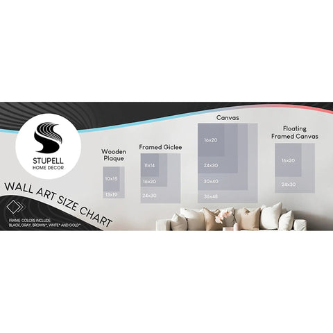 Wall art size chart by Stupell Home Decor displaying dimensions for wooden plaques, framed giclee, and canvas options.