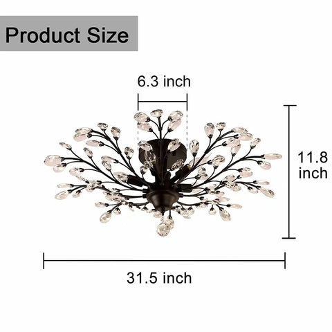 Vintage Crystal Branch Chandelier Flush Mount Ceiling Light In Black Finish With Five Lights 31.5 Inch Diameter