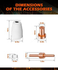 Dimensions of accessories for Solid 60 Pack Pt31 Plasma Cutter Consumables With Premium Nozzles Electrodes And Tips For Cut 40 Cut 50 Machines.