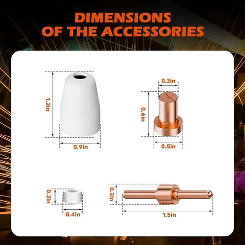 Dimensions of accessories for Solid 60 Pack Pt31 Plasma Cutter Consumables With Premium Nozzles Electrodes And Tips For Cut 40 Cut 50 Machines.