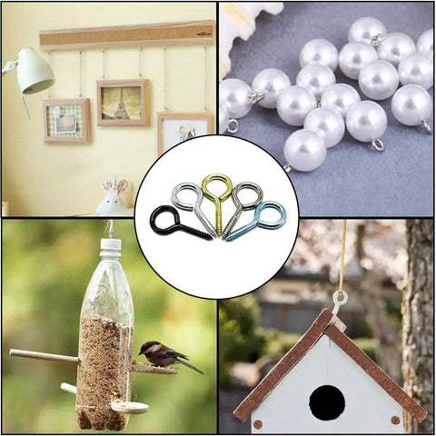 Uses of 191 Piece Zinc Plated Screw Eyes Kit With 9 Sizes 0 To 8 Black Metal Eye Hooks for DIY projects, home decor, repairs shown in a collage.