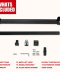 Heavy Duty Sliding Door Security Bar With Child Proof Anti Lift Lock And No Sweat Setup For Adjustable Patio And Window Defense Up To Fifty One Inches Black Steel Bar components laid out, featuring security bar, locks and screws.