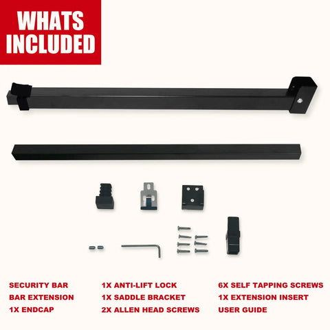 Heavy Duty Sliding Door Security Bar With Child Proof Anti Lift Lock And No Sweat Setup For Adjustable Patio And Window Defense Up To Fifty One Inches Black Steel Bar components laid out, featuring security bar, locks and screws.