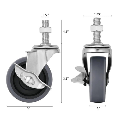 Three Inch Locking Stem Casters Set Of Four With Side Brakes Workhorse Quality One Half Inch Threaded Stem Thirteen Threads Per Inch