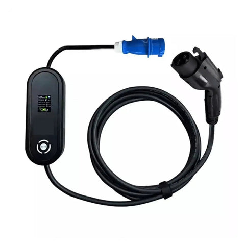 Portable Level 2 EV Charger With J1772 Plug, 32A, 7.2kW, 1 Phase, Adjustable Current, 5 Meter Cord, All Weather EVSE shown