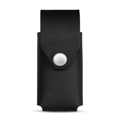 Front view of a black Beefy Full Grain Leather Belt Tool Holder For Surge Super Tool 300 Core Multitools Rugged Handmade Holster