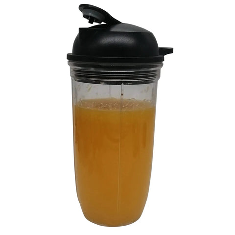 Filled 24oz cup with black to-go lid from Two Pack 24oz Cups With To Go Lids And Easy Twist Extractor Blade For Nutribullet Blenders Replacement Kit For Select 1200 Pro 1000 And Blender Combo Models.