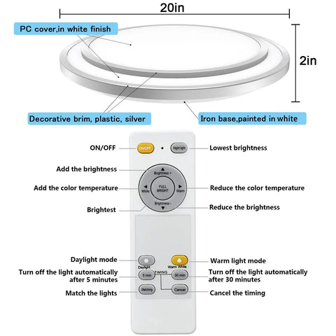 Diagram of 48W Dimmable LED Flush Mount Ceiling Light With Remote, 20 Inch, showing dimensions and control features.