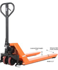 Heavy Duty Pallet Jack Open Bottom Lift Truck With 2200 Lb Capacity, 45 Inch By 21 Inch Forks, side view showing dimensions