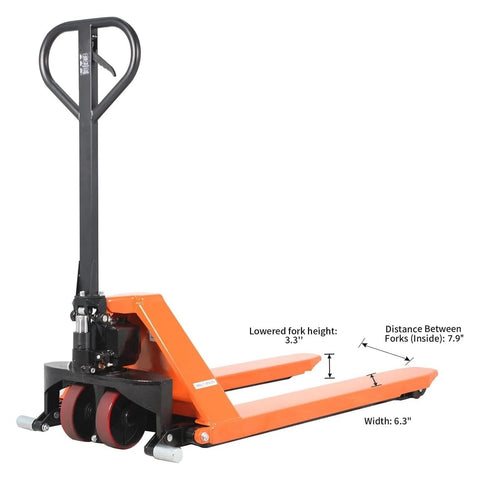 Heavy Duty Pallet Jack Open Bottom Lift Truck With 2200 Lb Capacity, 45 Inch By 21 Inch Forks, side view showing dimensions
