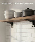 Beefy Shelf Brackets For Wall Mounts, Triangular L-Brackets For Solid Kitchen, holding wooden shelf with kitchenware