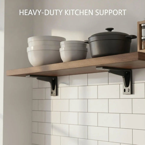 Beefy Shelf Brackets For Wall Mounts, Triangular L-Brackets For Solid Kitchen, holding wooden shelf with kitchenware