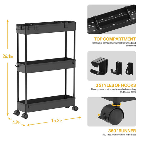 Space Saving Slim Storage Cart With 3 Tier Rolling Utility Smart Organizer Fits Tight Spots In Narrow Gaps In Bathroom Kitchen Laundry Or Office Black showing dimensions and features