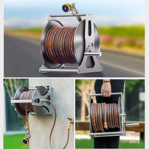 Heavy Duty Stainless Steel Garden Hose Reel Trolley with wall mount, holding hose for easy outdoor watering and cleanup.