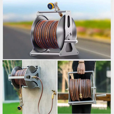 No Sweat Stainless Steel Garden Hose Reel With Quick Crank Rewind For Wall Mount Setup and Forty Meter Hose, side view with hose attached.