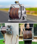 Heavy Duty Wall Mounted Stainless Steel Hose Reel Cart, Hassle Free Hand Crank Trolley Holds 130 Feet, pro workhorse setup for easy transport and storage.