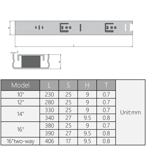 Diagram of 12 Inch Cold Rolled Steel Drawer Slides Beefy Two Fold Ball Bearing Track Rails Two Section, table with measurements