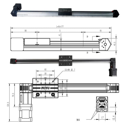Diagram of Beefy Belt Driven Linear Guide Module for CNC, 900mm stroke, NEMA 17 motor, 30mm aluminum rail