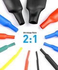 Colorful heat shrink tubing with 2:1 shrink ratio, featuring a variety of polyolefin cable sleeves.