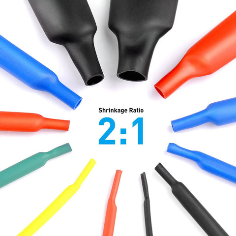 Colorful heat shrink tubing with 2:1 shrink ratio, featuring a variety of polyolefin cable sleeves.