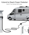 Tough As Nails Heavy Duty 50 Amp RV EV Extension Cord 25 Feet with Grip Handle connected to camper at power pedestal