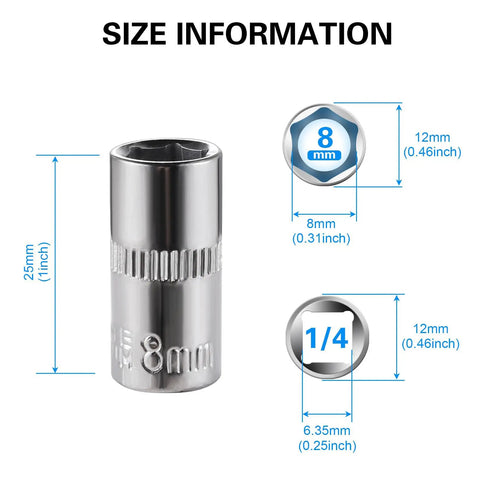 Rock Solid 8mm Socket Set with size information showing 1/4 inch drive, 6 point deep socket, corrosion resistant metal