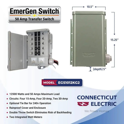 Backup Power Transfer Switch Kit 50 Amp With 10 Circuits Delivers 12,500 Watt Total Includes 25 Foot Cord And Outdoor Rated 50A Inlet