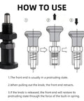 Hassle Free Push Fit Ball Nose Spring Plunger Featuring M8x1 Heavy Duty Steel Build shown with usage instructions and retractable knob.