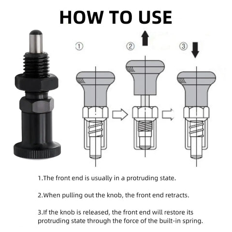 Hassle Free Push Fit Ball Nose Spring Plunger Featuring M8x1 Heavy Duty Steel Build shown with usage instructions and retractable knob.