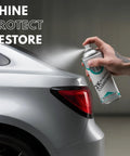 ERA Paints 2K high-gloss clear coat spray can held by hand near the silver car rear panel