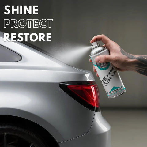 ERA Paints 2K high-gloss clear coat spray can held by hand near the silver car rear panel