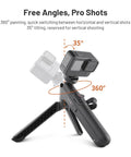 GoPro CapLock MantisPod Power 5000mAh Battery Grip Mount with Quick Release Charging Handle showing 360-degree panning and 35-degree tilt.