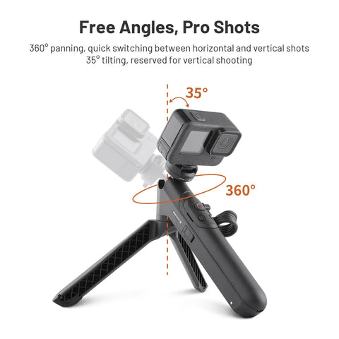 GoPro CapLock MantisPod Power 5000mAh Battery Grip Mount with Quick Release Charging Handle showing 360-degree panning and 35-degree tilt.
