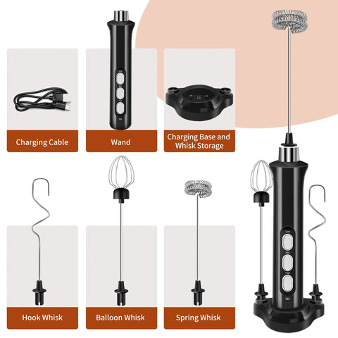 Rechargeable Handheld Milk Frother With 3 Speed Settings And 3 Detachable Stainless Whisks, Includes Charging Base And Whisk Storage.