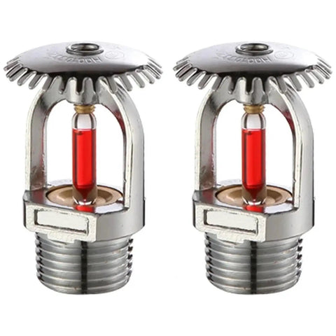 Five Piece Heavy Duty Fire Sprinkler Heads With Fast Acting Quick Response Design For Top Shelf Property Protection 155 Degree Fahrenheit Rating Half Inch Npt Thread Upright Layout, close-up view of two polished brass sprinkler heads.