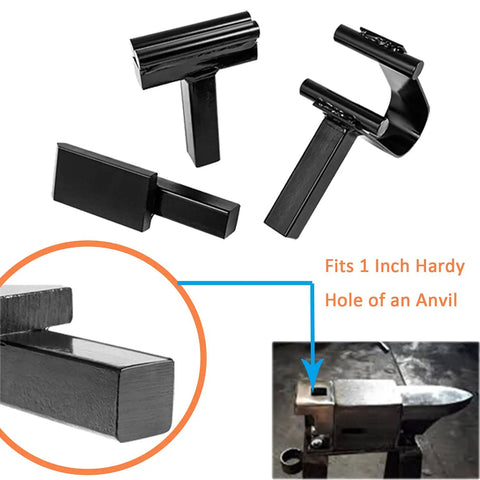 1 Inch Hardy Tool Set For Blacksmithing Forge Hot Cut Stake Creasing Stake And Spring Fuller 3 Piece Kit Designed For 1 Inch Anvil Hardy Holes Fits Square Shank Tools And Vises Beefy Heavy Duty showing tool set and anvil fitment