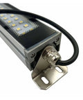 Detail of Badass 50W LED Industrial Work Lamp With 24V DC Power For CNC Machinery showing metal casing and wiring for bench mount.