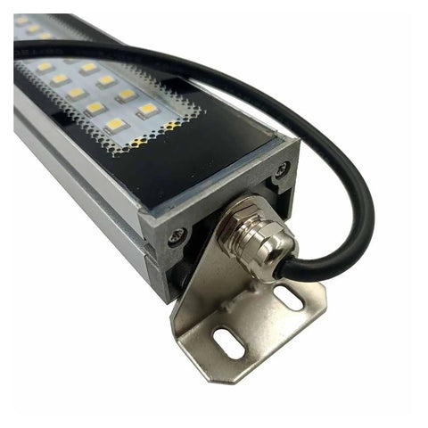 Detail of Badass 50W LED Industrial Work Lamp With 24V DC Power For CNC Machinery showing metal casing and wiring for bench mount.