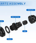 Exploded view of 30 pcs PG7 cable glands adjustable 3-6.5mm PA6 nylon IP68 waterproof connectors with seals for industrial use, black